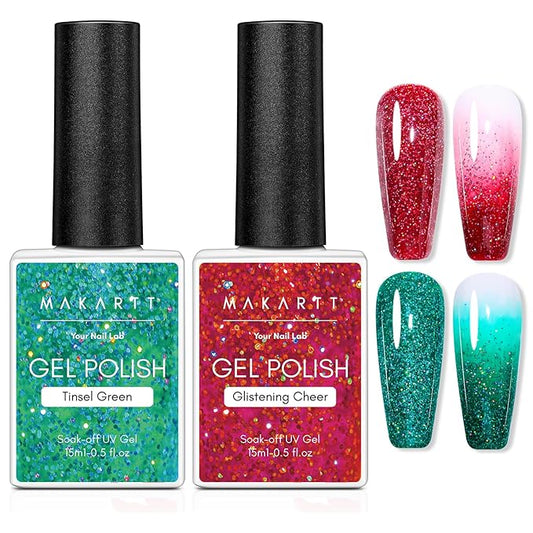Makartt Christmas Glitter Gel Nail Polish Set - 2 Pcs 15ml Shimmer Gel, UV Soak Off for Nail Art Design, DIY Home Salon Winter Manicure Gift, Tinsel Green & Glistening Cheer