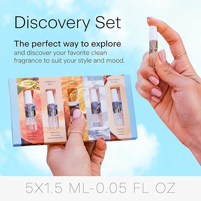 Skylar Perfume Discovery spray Sampler Set - Peach Fields, Vanilla Sky, Lime Sands, Salt Air, Coconut Cove - Hypoallergenic & Clean Perfume for Women & Men - 5 1.5mL