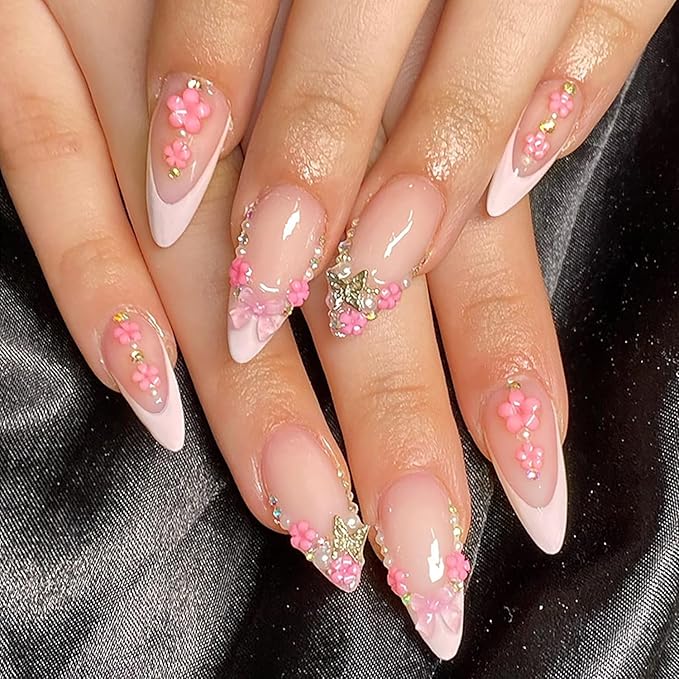 24Pcs 3D Flower Press on Nails Medium Almond Fake Nails with Gold Pink Bow Butterfly Rhinestones Full Cover Artificial Glue on Nails French Tip False Nails Summer Pink Floral Stick on Nails for Women