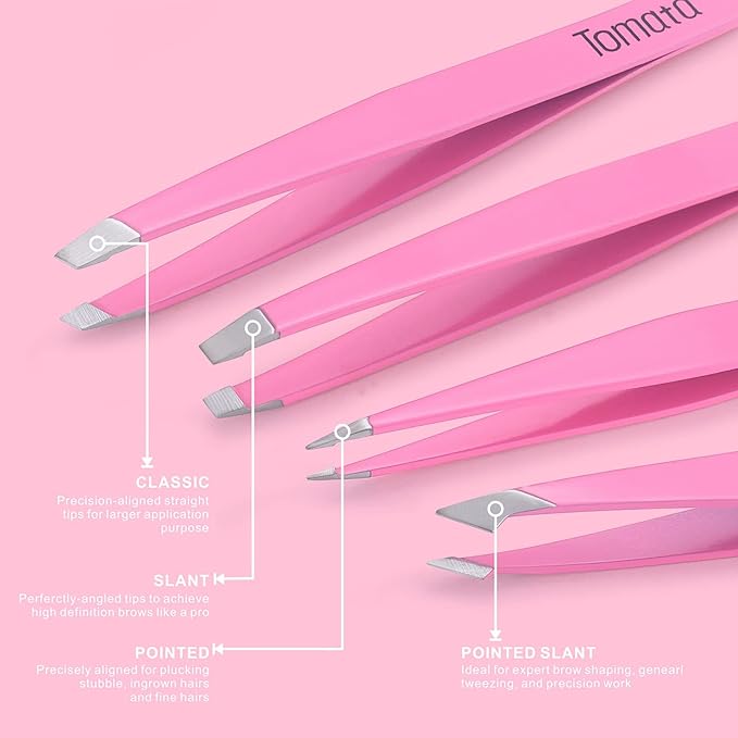 Tweezers for Eyebrows, Slant Tip and Pointed Eyebrow Tweezer Set Great Precision for Eyebrows Facial Hair, Ingrown Hair, Splinter, Blackhead and Tick Remover (4-piece) (pink)