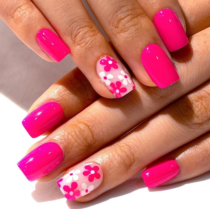 Curvlife Soft GelPress on Nails, 30Pcs 15 Sizes Nail Tips, Full Cover Pink Flower Short Design Reusable Gel Nails Kit with Glue and Adhesive Tabs