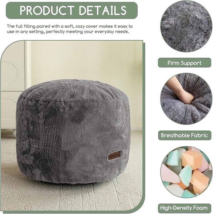 HIGOGOGO Pouf Stuffed Ottoman Round Modern Foam Filled Foot Rest Chair Decorative Poufs 26 x 18 Inches Fluffy Boho Comfy Stool for Living Room, Grey
