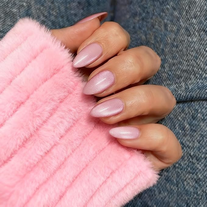 KQueenest Press On Nails Short - Pastel Light Pink Press On Nails Almond Shape, Glitter Cat Eye Fake Nails with Nail Glue, Reusable Cute Bright Gel Glue On Nails with Color-Shifting Glow, 30 Pcs