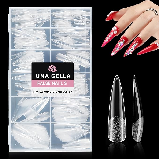 UNA GELLA XXL Stiletto Nail Tips, 312pcs Pre-shape Extra Long Stiletto Nails Tips Pre Etched Full Cover No Need File Clear Fake Nails for Party DIY Christmas Art Salon 12 Sizes