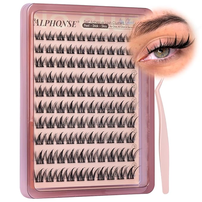 Self Adhesive Eyelashes Manga Lash Clusters No Glue Needed Self Adhesive Lashes 10-16mm Eyelash Clusters Press on lashes Natural C-Curly Pre Glued Eyelashes with Anti-Stick Tweezers by ALPHONSE