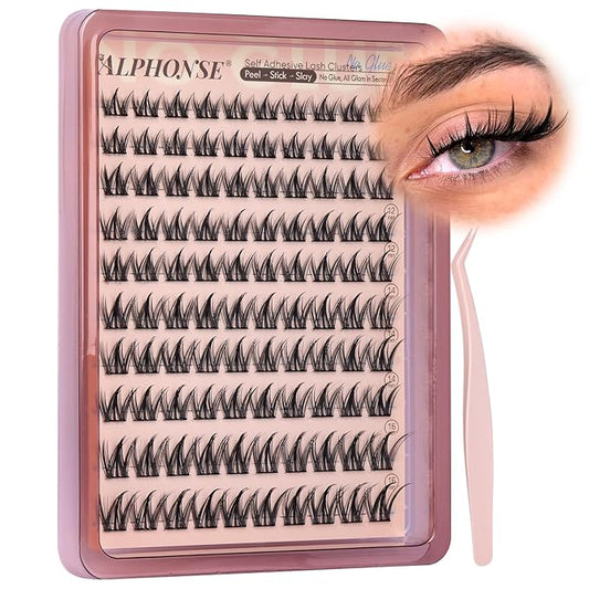 Self Adhesive Eyelashes Manga Lash Clusters No Glue Needed Self Adhesive Lashes 10-16mm Eyelash Clusters Press on lashes Natural C-Curly Pre Glued Eyelashes with Anti-Stick Tweezers by ALPHONSE