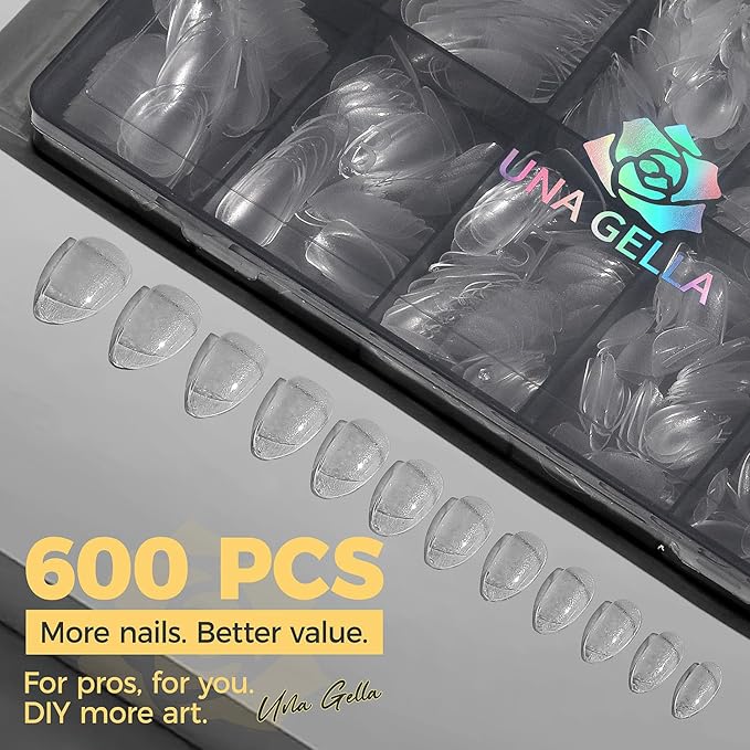 UNA GELLA 600Pcs Short Oval Almond Gel Nail Tips, Round Almond Press on Nails Pre-shaped Soft Gel Clear Fake Nails Tips Full Cover for Nail Extension Home DIY Salon 12 Sizes