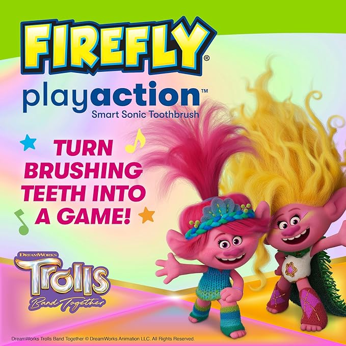 FIREFLY Play Action Trolls Smart Sonic Toothbrush Kit, Interactive Electric Toothbrush with Lights, Music and Games, Batteries Included, Ages 3+