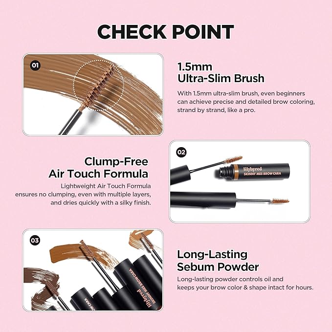 lilybyred Skinny Mes Brow Mascara | Korean 1.5mm Ultra-Slim Brush Eyebrow Mascara, Precision Application, Natural-Looking Finish, Smudge-Proof, Clump-Free, Long-Lasting, 0.12 oz. (03 Dark Brown)