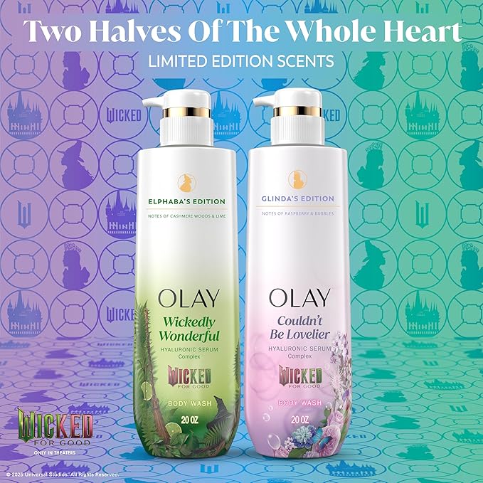 Olay Body Wash for Women, Wickedly Wonderful Elphaba’s Edition, Intensely Hydrating & Renewing, Pro-Hyaluronic Acid Serum with Vitamin B3, For All Skin Types, Cashmere Woods & Lime Scent, 20 fl oz