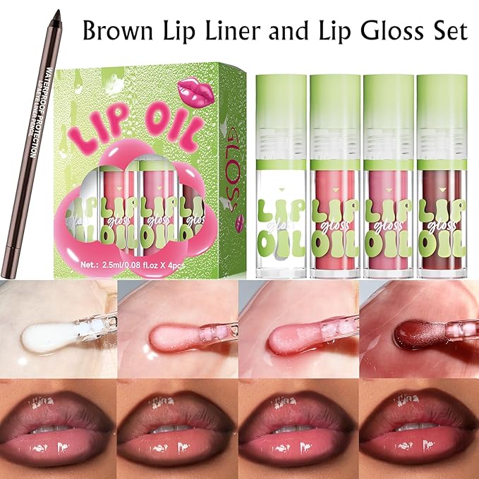 4 Colors Lip Oil with Brown Lip Liner Set, Hydrating Lip Combo Moisturizing Tint Lip Gloss Smooth Highly-Pigmented Matte Lip Liner Pencil Nourishing Non-sticky Shaping Plumping Lips Daily Makeup