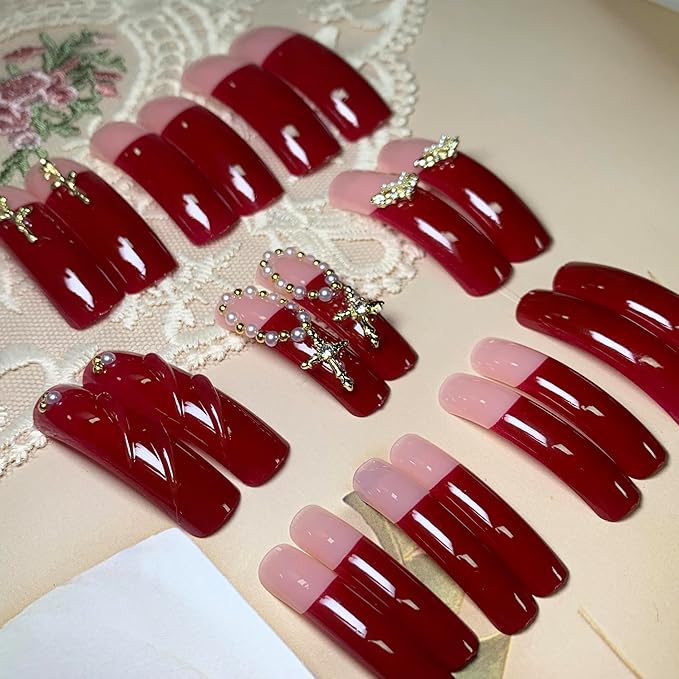 BABALAL Curved Press on Nails Extra Long Square Fake Nails Ruby Red Glue on Gothic Cross Rose Gold Charm Luxury Handmade Acrylic Women Reusable 3d Stick on 20PCS Custom DIY