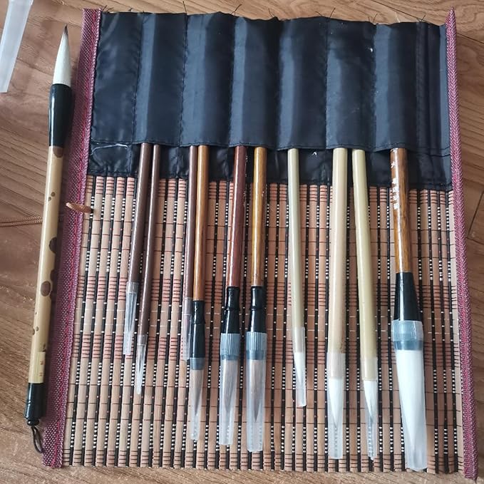 10-Piece Chinese Calligraphy Brush Set - Premium Writing Brushes for Beginners & Artists - with Roll-up Bamboo Brush Holder,Chinese Painting Brushes Set Flower Bird Line-Drawing Brushes