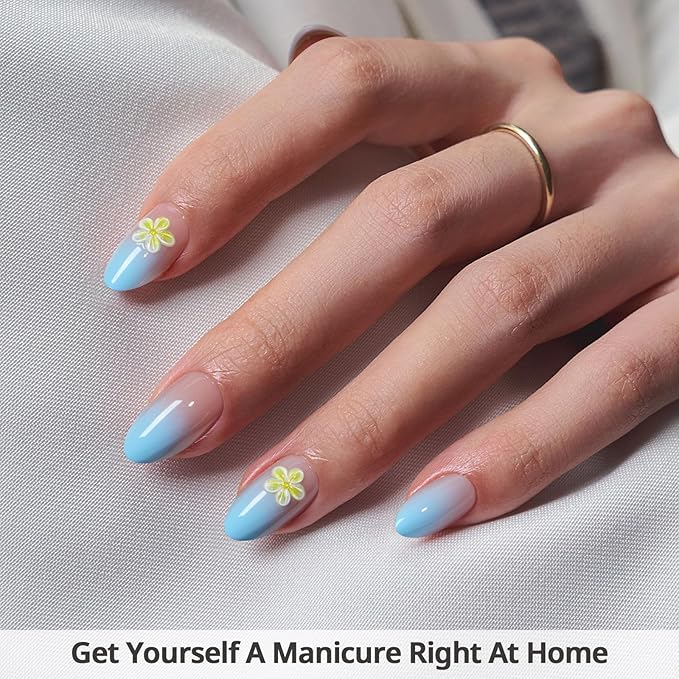 BTArtbox Press On Nails Short Ombre- Flower Almond Press On Nails with Glue for Women, Opaque Soft Gel Glue On Nails in 16 Sizes - 32 Stick On Nails Kit, Garden Party