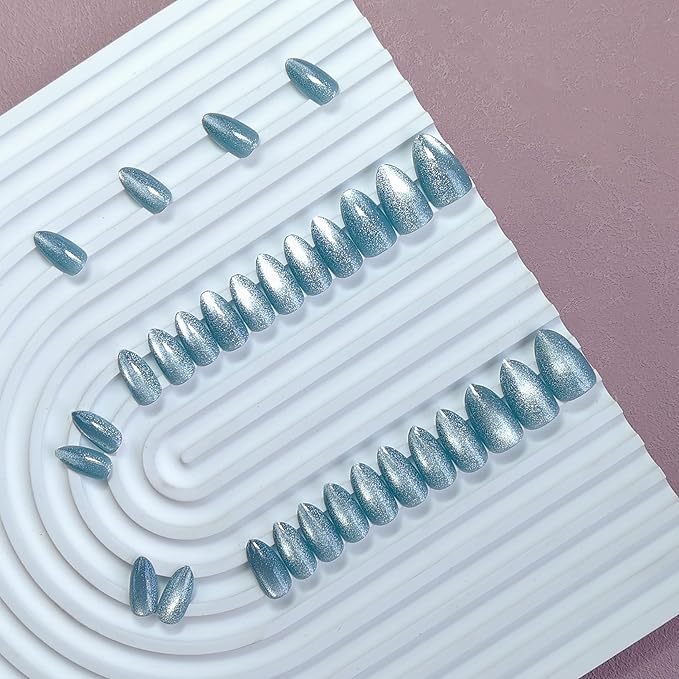 KQueenest Press On Nails Short - Baby Light Blue Press On Nails Almond Shape, Glitter Cat Eye Fake Nails with Nail Glue, Reusable Cute Bright Gel Glue On Nails with Color-Shifting Glow, 30 Pcs