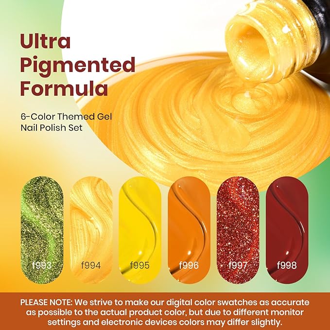 Beetles Fall Gel Nail Polish Set, 6Pcs Yellow Orange Burgundy Red Green Gel Polish Golden Glitter Nails Kit Autumn Realm Collection DIY Nail Art Gifts for Women