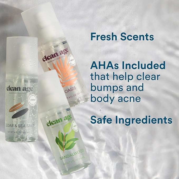 Aluminum Free Deodorant & Body Spray for Whole Body - 3 Pack 4oz ea - Cedar, Oasis and Sandalwood - Clean Deodorant and Body Spray for Teen Boys and Girls - With AHA Fights Body Acne