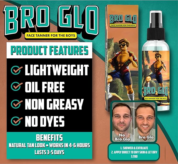 Bro Glo Self Tanner for The Boys - Quick Application Foam Mousse - Easy Sunless Tan For Your Face - Oil Free Water Based for Faster Skin Drying - Natural Sun Kissed Bronze Color Perfect for Men - Beach and Pool Not Required 3.4 FL oz