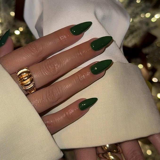 48Pcs Dark Green Press on Nails Almond Fake Nails Glue on Nails Medium Length Almond Shaped Press ons, Medium Stiletto False Nail for Women, Thick Acrylic Gel Nail
