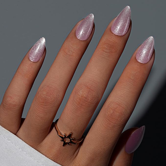 KQueenest Cat Eye Press On Nails Short, Acrylic Press On Nails Almond, Sparkle Light Pink Fake Nails With Glue, Recycled Soft Gel Glue On Nails for Woman, Long-Lasting Glitter Effect, 30 Pcs