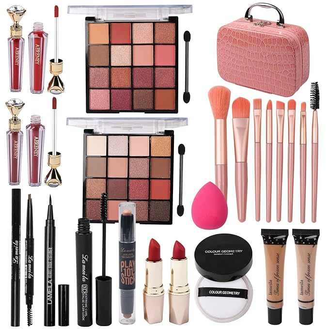 Makeup Kit for Teen Girls,All in One Makeup Kit for 2X16 Colors Eyeshadow Liquid Foundation Eyeliner Pencils Contouring Stick Lip Gloss Eyebrow Pencils 8Pcs Makeup Brushes etc (pink)