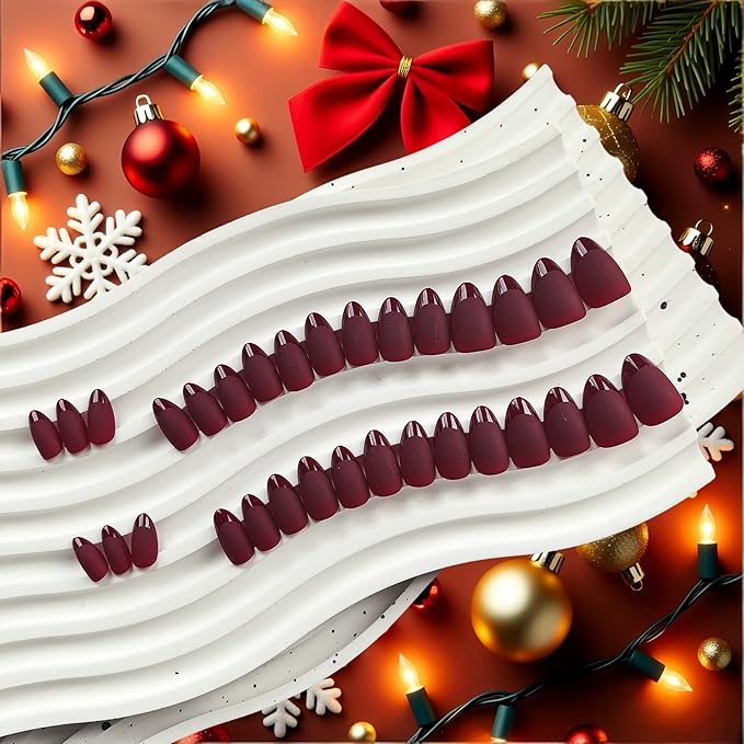Burgundy Red French Tip Press on Nails Short Almond Nails Press ons, Short Fake Nails with Matte Finish, Dark Maroon French Glue on Nail False Nail for Women Fall Winter, in 32 Pcs 16 Sizes