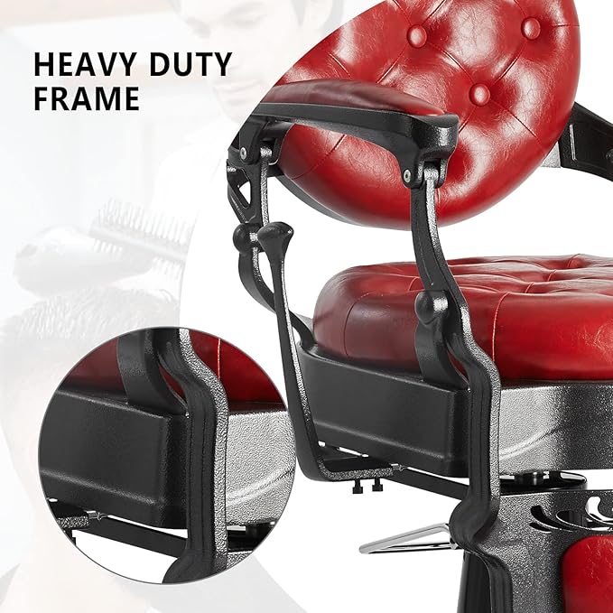 OmySalon Vintage Barber Chair Red All Purpose Heavy Duty, Hydraulic Recline Salon Beauty Styling Chair Retro Red, 360 Degree Swivel for Hair Stylist Tattoo, Round Base, Tufted Button