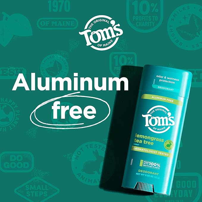 Tom's of Maine Lemongrass Tea Tree Aluminum Free Natural Deodorant For Women & Men | Goes on Clear | Odor & Wetness Protection | Naturally Derived and Moisture-Locking Ingredients | 3.25 oz (2 Pack)