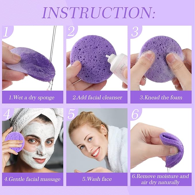 Sieral 120pcs Compressed Facial Sponges Disposable Natural Face Sponges Round Soft Pads with Container for Washing Face Cleansing Exfoliating Esthetician Makeup Removal Travel(Purple)