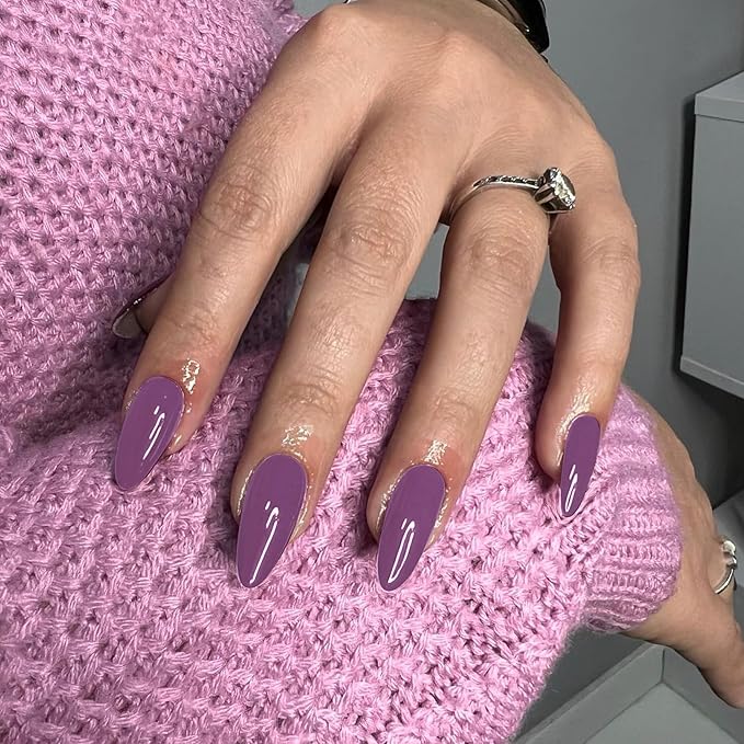 48Pcs Dark Purple Press on Nails Almond Fake Nails Glue on Nails Medium Length Almond Shaped Nails Press ons, Stiletto Nails False Nails for Women, Medium Almond Nails, Thick Natural Acrylic Gel Nails