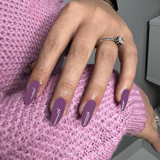 48Pcs Dark Purple Press on Nails Almond Fake Nails Glue on Nails Medium Length Almond Shaped Nails Press ons, Stiletto Nails False Nails for Women, Medium Almond Nails, Thick Natural Acrylic Gel Nails