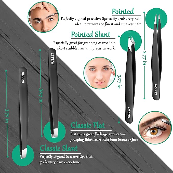 Tweezers Set with Mirror Case - Tweezers for Women facial hair-Professional Twizzers Facial Hair Tweezers for Eyebrows- Stainless Steel Tweezer kit with mirror compact (Black)