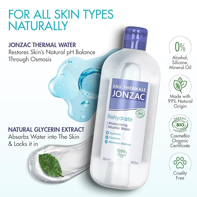 Eau Thermale Jonzac 99% Organic Micellar Water - Natural Eye & Face Makeup Remover - Hydrating With Thermal Spring Water - For Sensitive Skin - Non-Toxic - Agua Micelar Orgánica - 16.9 Fl Oz