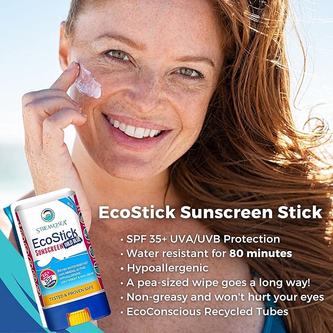 STREAM2SEA EcoStick SPF 35 Mineral Sunscreen Stick, Sweat Water Resistant Sunblock, USDA Approved Biodegradable Paraben Free Reef Safe Sunscreen Protection Against UVA UVB (EcoStick WildBlue) 0.5 oz