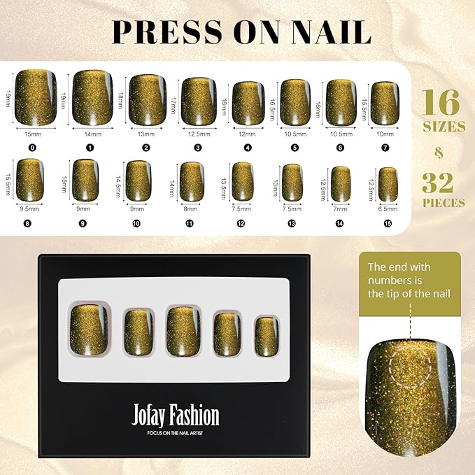Cat Eye Press on Nails Short, Jofay Fashion Soft Gel Fake Nails, Stylish Square Press on Nails, Reusable & Natural Acrylic False Nails, Stick on Nails for Women Girls Gift, Glue on Nails Kit 32 Pcs