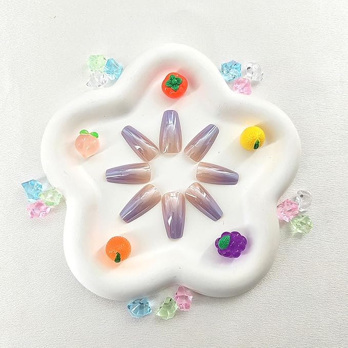 Coffin Press on Nails Medium Fake Nails with Light Purple Gradient Design Coffin Nails Press ons Chrome False Nails Nude Full Cover Glue on Nails Glossy Artificial Stick on Nails for Women 24Pcs