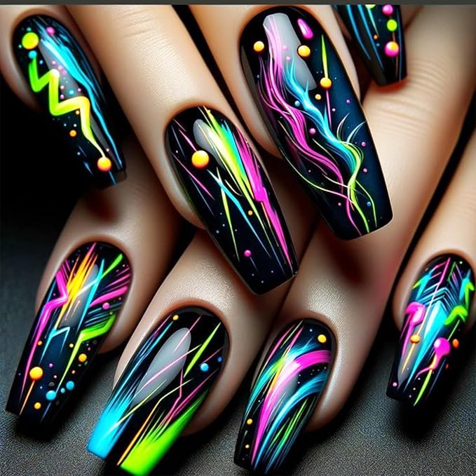 Neon Press on Nails Esports Acrylic Full Cover Fake Nails 24Pcs Glossy Colorful Medium Coffin False Nail Curve Line Gel Glue on Fingernails Graffiti Stick on Nail for Holiday Manicure Art