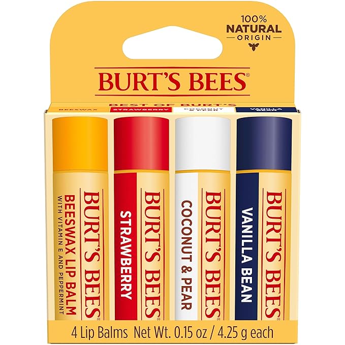 Burt's Bees Lip Balm - Beeswax, Strawberry, Coconut and Pear, and Vanilla Bean, With Responsibly Sourced Beeswax, Tint-Free, Natural Origin Lip Treatment, 4 Tubes, 0.15 oz.