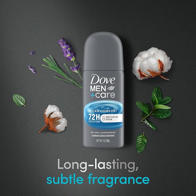 Dove Men+Care Antiperspirant Deodorant Dry Spray Clean Comfort 24 count For Men 72-hour Sweat and Odor Protection with Triple Defense Technology 1 oz