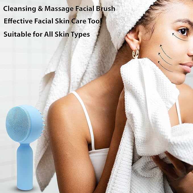Silicone Facial Cleansing Brush 2 in 1 Silicone Facial Scrubber Manual Exfoliating Facial Brush Face Cleanser Face Exfoliator Ultrafine Bristles for Sensitive Skin Easy to Clean Lather Well (Blue)