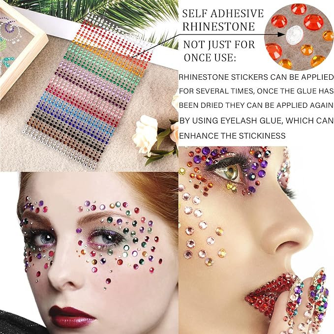 1250 Pcs Self Adhesive Rhinestones Pearl for Makeup Face Gems Eyes 16 Colors Rainbow Rhinestones Face Jewels Stick on Pearls Stickers, Hair Pearl Nail Makeup DIY Decorations