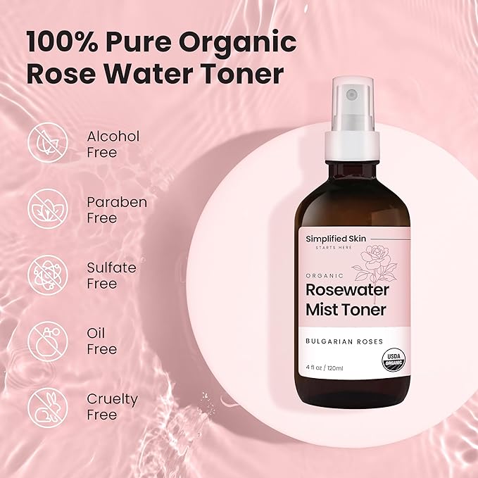 Rose Water Spray for Face & Hair – Pure USDA Organic Rosewater Toner – Refreshing Mist for Skin Care, Makeup & Locs – Natural Rose Scent, 4 Oz (3 Pack)
