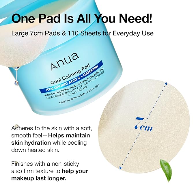Anua 8 Hyaluronic Acid Catechin Calming Pad, Pore Care & Cooling Effect with Korean Toner pad, Quick & Easy Hydrating Daily Face Mask, Makeup Prep Routine, Korean Skin Care (185ml,110 Pads)