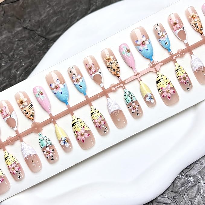 30Pcs Colorful Flower Press on Nails Medium Almond Fake Nails with 3D Gold Beads Rhinestones Design White Leopard Line French Tip False Nails Pink Nude Stick on Nails for Spring Summer Nails