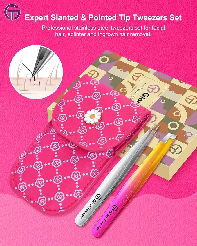 Expert Slant and Point Tip Tweezer Set with Exclusive Travel Case, GlamTweeler Sharp & Precision Tweezer Set for Eyebrows, Facial Hairs & Fine Hairs Removal (Sparkle Hot Pink + Silver)