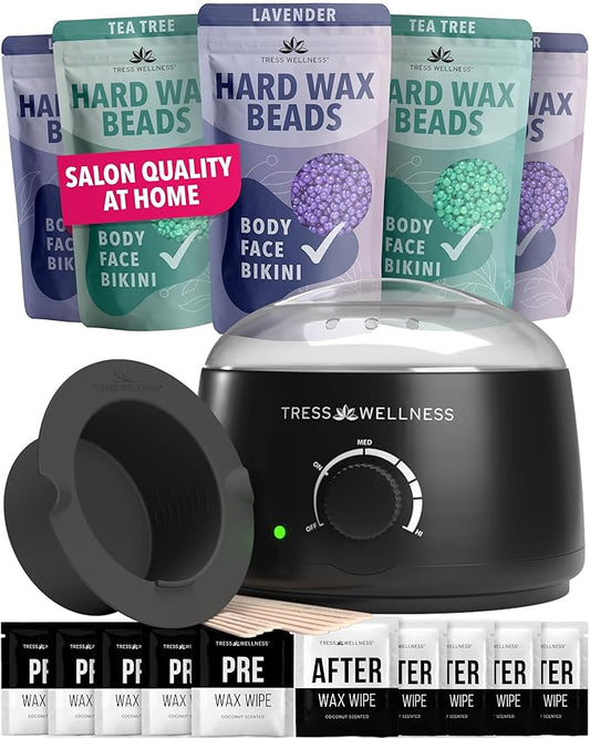 Tress Wellness Waxing Kit for Sensitive Skin – Safe for Face & Skin, Prep & Aftercare Spray, Easy to Use – At-Home Kit for Face, Bikini, Brazilian & Full Body – Black, No Display