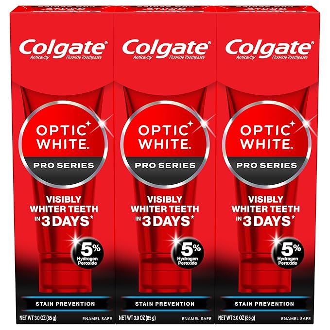 Colgate Optic White Pro Series Stain Prevention Hydrogen Peroxide Toothpaste, Teeth Whitening Toothpaste, Effectively Removes Tea, Coffee, and Wine Stains, Enamel-Safe for Daily Use, 3 Pack, 3.0 oz