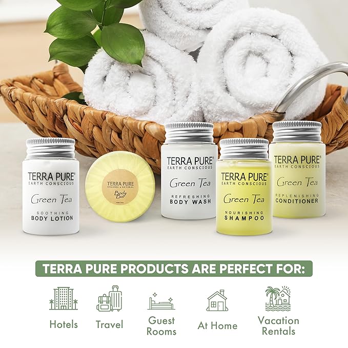 Terra Pure Hotel Soaps & Toiletries Bulk Set | 1-Shoppe Amenities Kit | 1oz Shampoo & Conditioner, Body Wash, Lotion, 1.25oz Bar Soap | Travel Size | 300 Pieces