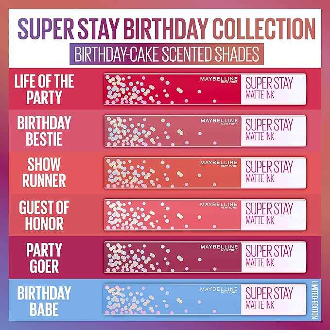 Maybelline New York Super Stay Matte Ink Liquid Lipstick, Transfer-Proof, Long-Lasting, Limited-Edition Birthday-Cake-Scented Shades, Guest of Honor, 0.17 Fl Oz