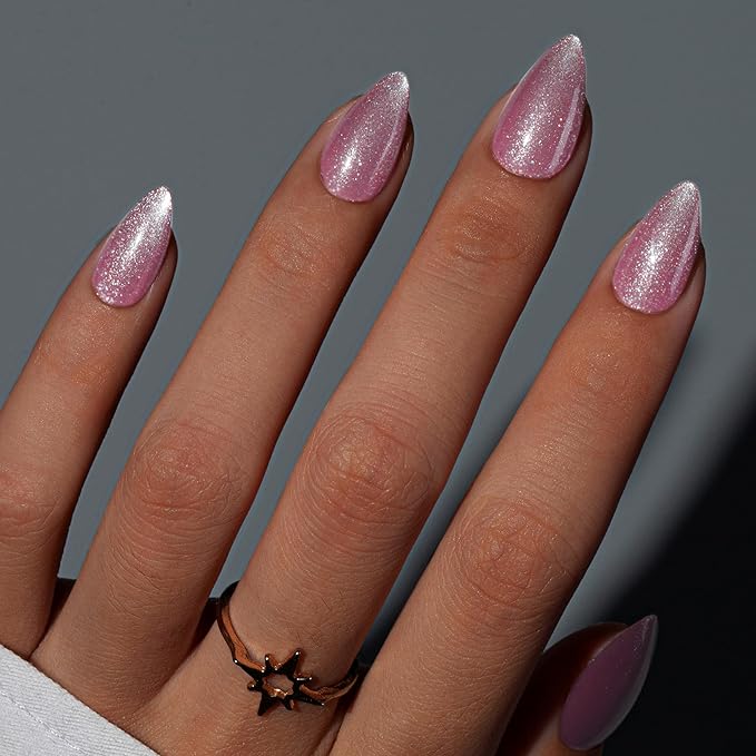 KQueenest Cat Eye Press On Nails Short, Acrylic Press On Nails Almond, Sparkle Rose Pink Fake Nails With Glue, Recycled Soft Gel Glue On Nails for Woman, Long-Lasting Glitter Effect, 30 Pcs